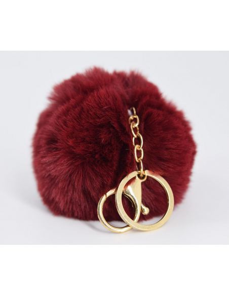 Porte-clé Pompon en forme de boule - imitation fourrure poils de lapin - Chaîne en métal dorée avec mousqueton