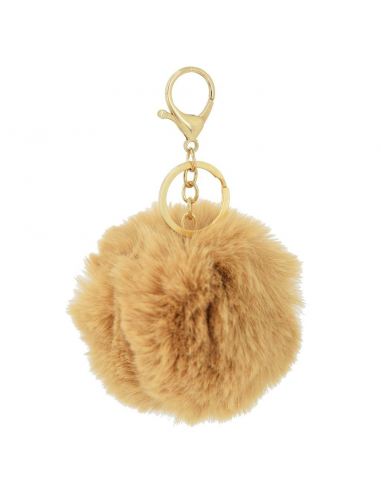 Porte-clé Pompon en forme de boule ou coeur - imitation fourrure poils de lapin - Chaîne en métal dorée avec mousqueton