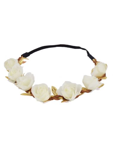 Headband en couronne de fleurs et feuilles dorées